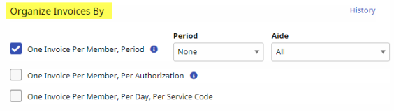 The Organized Invoices By section displays checkbox fields for invoice filtering organization settings.